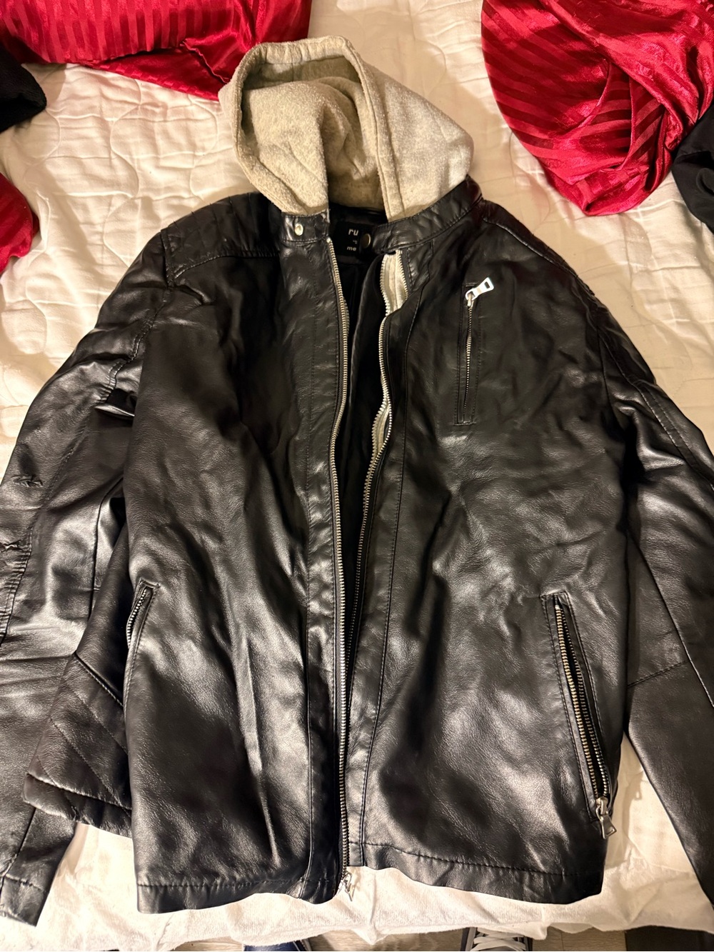 Rue21 Black Leather Bomber Jacket with Gray Hoodie Insert